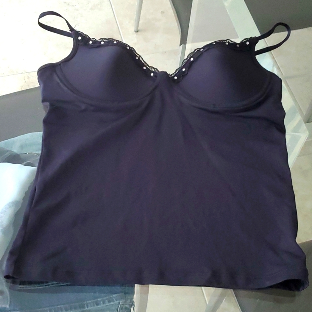 Black bustier top, molded cups, lace & rhinestones